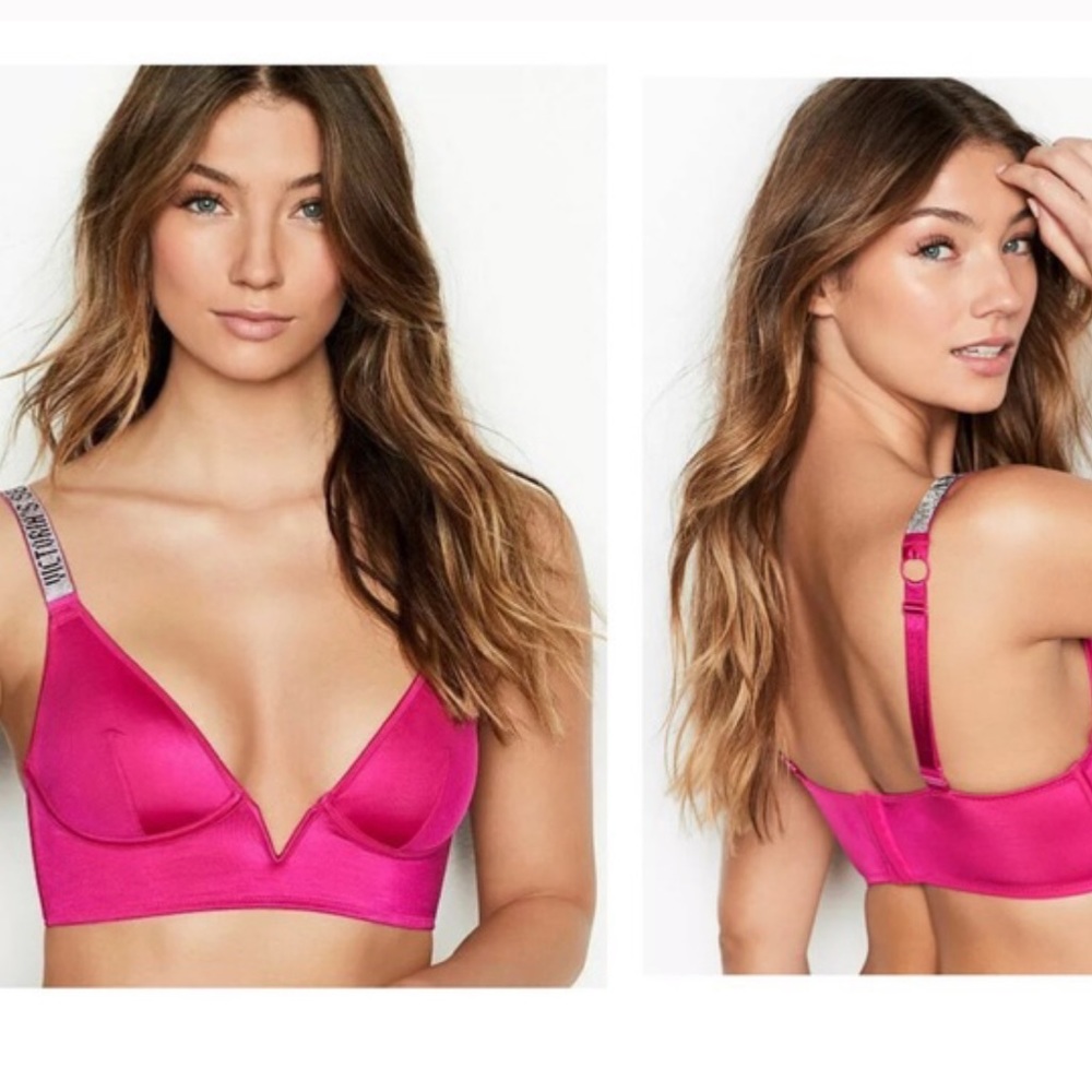 Victoria Secret Sexy Shine Bling Rhinestone Logo Strap Bra Ultimate Pink Small